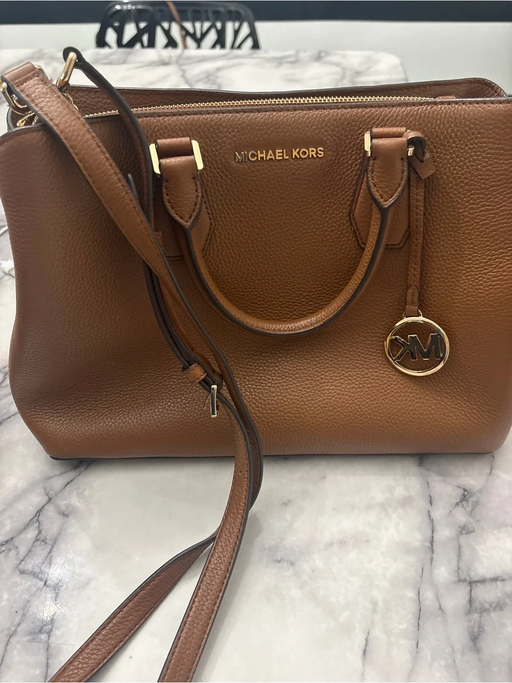 Michael Kors Brown Pebbled Leather Crossbody Satchel with Gold Hardware